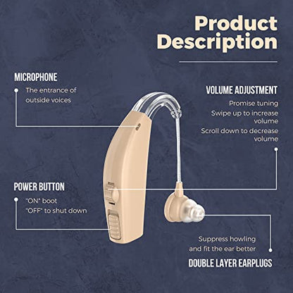 Pair Rechargeable Digital BTE Device with Noise Reduction Fit for Adults and Seniors, All-Day Battery Life, Lightweight Behind The Ear, Skin -123