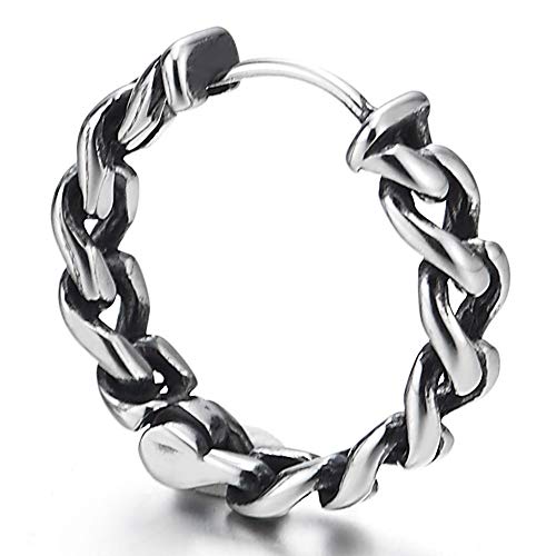 Pair Stainless Steel Vintage Tribal Curb Chain Wreath Huggie Hinged Hoop Earrings Unisex Men Women