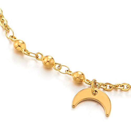 COOLSTEELANDBEYOND Stainless Steel Gold Color Anklet Bracelet with Dangling Charms of Crescent Moons and Balls