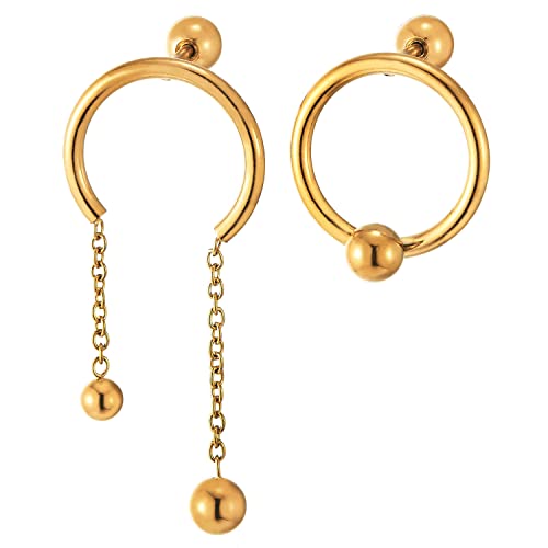 Women Stainless Steel Gold Color Bead Stud Earrings with Open Circle and Dangling Chains, Screw Back