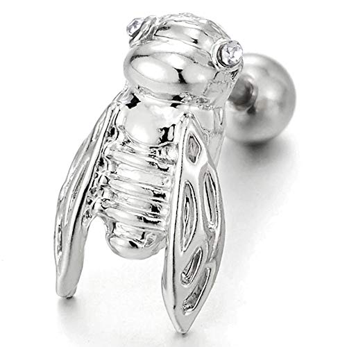 Stainless Steel Cicada Stud Earrings with Cubic Zirconia Eyes for Womens, Screw Back, Punk Rock