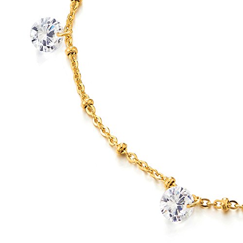 COOLSTEELANDBEYOND Stainless Steel Gold Color Anklet Bracelet with Dangling Cubic Zirconia and Jingle Bell