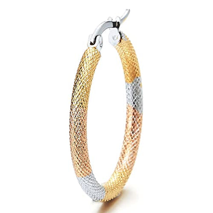 Pair Steel Circle Huggie Hinged Hoop Earrings with Grooved Grid Pattern, Silver Gold Rose Gold