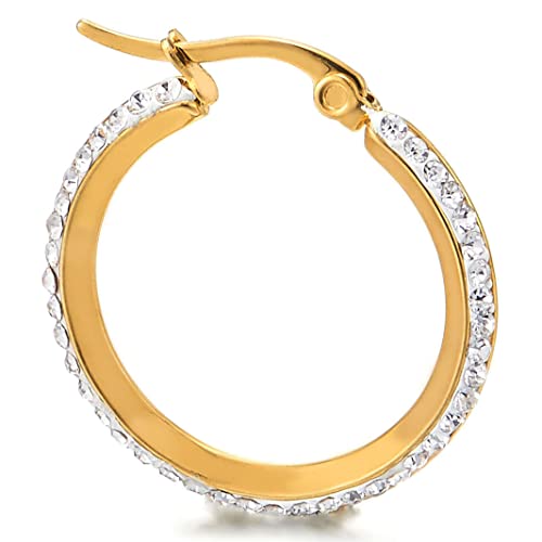 Pair Gold Color Stainless Steel Huggie Hinged Hoop Earrings with Cubic Zirconia