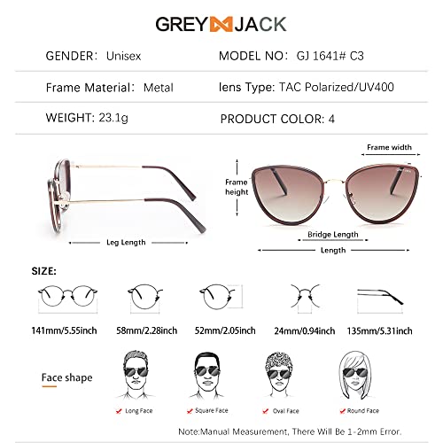 grey jack Cateye Polarized Sunglasses,Classic UV400 Protection Metal Frame,Full Rim Eyewear for Men Women 1641 Gold Frame Double Brown Lens