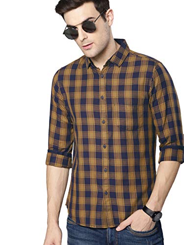 Dennis Lingo Men's Checkered Slim Fit Casual Shirt (C419_MUSTARD_M_Mustard_M)