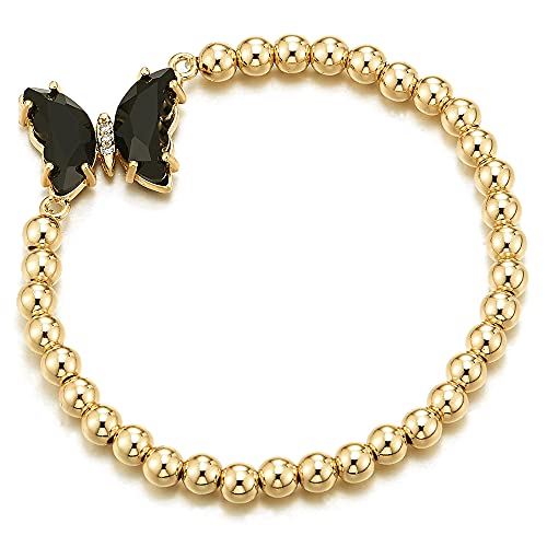 Womens Gold Color Beads Chain Bracelet with Black Crystal Cubic Zirconia Butterfly, Stretchable