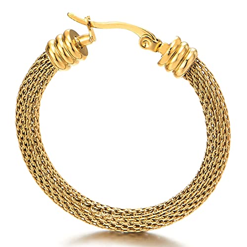 Pair Stainless Steel Wire Mesh Circle Huggie Hinged Hoop Earrings for Women Gold Color