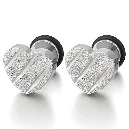 Pair Stainless Steel Satin Heart Stud Earrings with Grooved Stripes, Screw Back