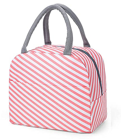 Xelvix Insulated Lunch Bags Small for Women Work,Student Kids to School,Thermal Cooler Tote Bag Picnic Organizer Storage Lunch Box Portable and Reusable (Pink Stripes) -123