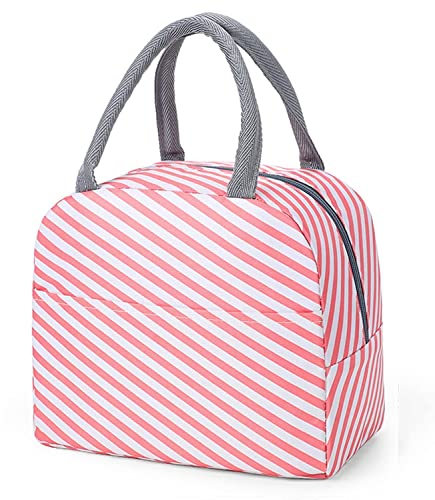 Xelvix Insulated Lunch Bags Small for Women Work,Student Kids to School,Thermal Cooler Tote Bag Picnic Organizer Storage Lunch Box Portable and Reusable (Pink Stripes)