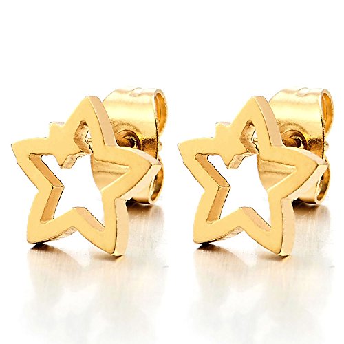 Pair 9MM Stainless Steel Gold Color Star Stud Earrings for Womens