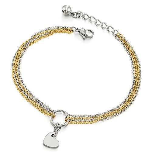 COOLSTEELANDBEYOND Stainless Steel Multi-Strand Anklet Bracelet with Dangling Charms of Heart Silver Gold