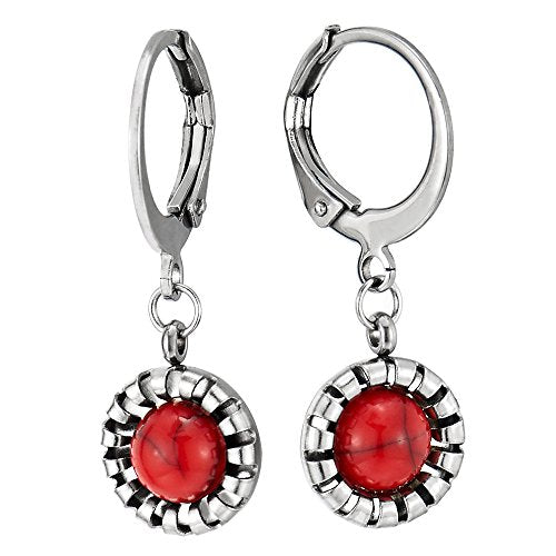 Pair Steel Small Huggie Hinged Hoop Earrings with Dangling Circle and Red Gem Stone for Women