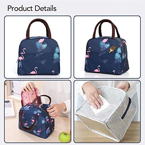 Xelvix Insulated Lunch Bags Small for Women Work,Student Kids to School,Thermal Cooler Tote Bag Picnic Organizer Storage Lunch Box Portable and Reusable (Blue Flamingo)