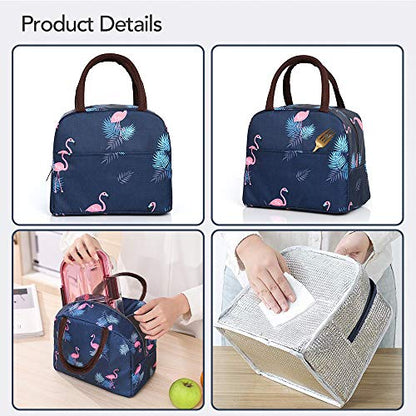 Xelvix Insulated Lunch Bags Small for Women Work,Student Kids to School,Thermal Cooler Tote Bag Picnic Organizer Storage Lunch Box Portable and Reusable (Blue Flamingo) -123