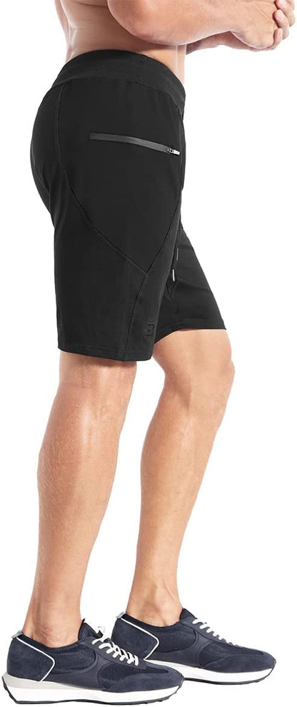 BROKIG Mens Stitching Athletic Shorts Sport Workout Short for Men with Zip Pockets