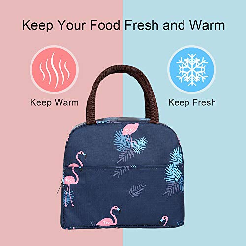 Xelvix Insulated Lunch Bags Small for Women Work,Student Kids to School,Thermal Cooler Tote Bag Picnic Organizer Storage Lunch Box Portable and Reusable (Blue Flamingo)