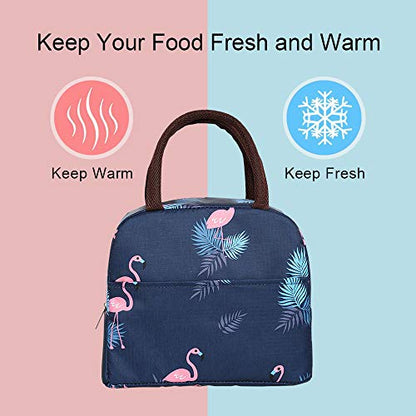 Xelvix Insulated Lunch Bags Small for Women Work,Student Kids to School,Thermal Cooler Tote Bag Picnic Organizer Storage Lunch Box Portable and Reusable (Blue Flamingo) -123