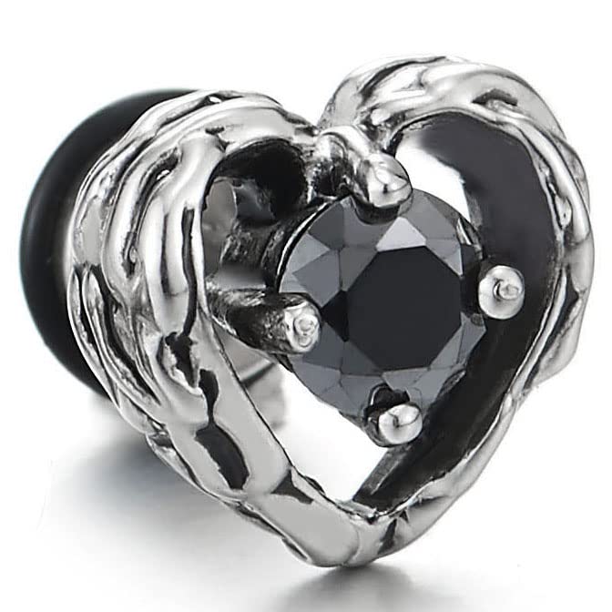 Vintage Steel Womens Tribal Pattern Heart Stud Earrings with Black Cubic Zirconia, Screw Back, 2 pcs