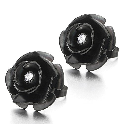 Pair Stainless Steel Black Rose Flower Stud Earrings with Cubic Zirconia for Women and