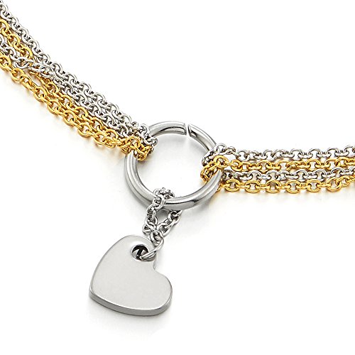 COOLSTEELANDBEYOND Stainless Steel Multi-Strand Anklet Bracelet with Dangling Charms of Heart Silver Gold