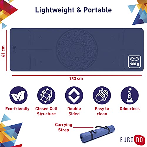 EURODO Yogamatte mit Tragegurt - Gymnastikmatte, Sportmatte, Fitnessmatte, Trainingsmatte für Yoga, Fitness, Pilates, Gymnastik - 183 cm x 61 cm x 6 mm