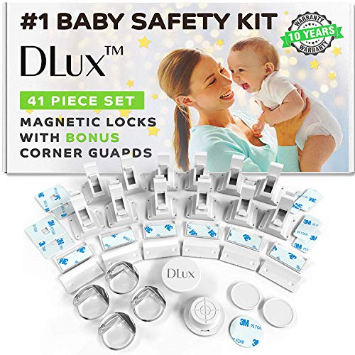 Magnetic Cabinet Locks Child Safety 41-Piece Kit with New Upgraded Adhesive [12 Magnet Locks 2 Keys 4 Corner Guards] Easy Installation No-Drill Baby Proofing Locks to Childproof Cabinets & Drawers