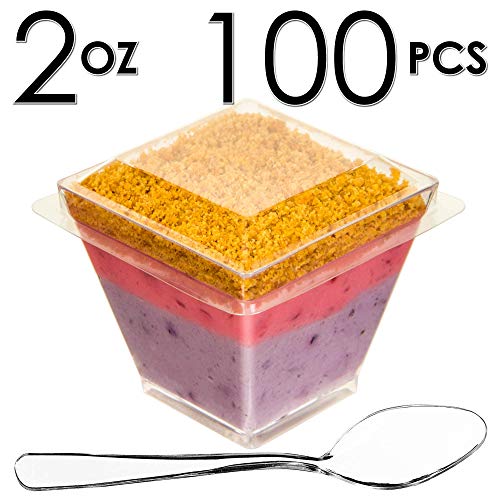 DLux 100 x 2oz Square Mini Dessert Cups with Spoons and Lids, Clear Plastic Parfait Appetizer Cup - Small Reusable Serving Bowl for Tasting Party Desserts Appetizers - With Recipe Ebook 6749761634393 bolt