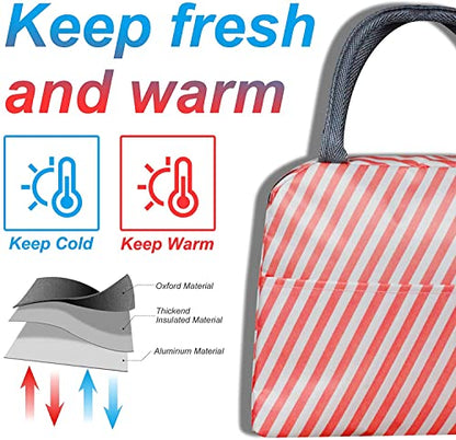 Xelvix Insulated Lunch Bags Small for Women Work,Student Kids to School,Thermal Cooler Tote Bag Picnic Organizer Storage Lunch Box Portable and Reusable (Pink Stripes) -123