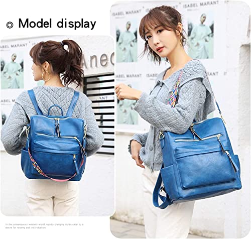 Comfabie Women's Fashion Backpack Purses Multipurpose Design Handbags and Shoulder Bag PU Leather Travel bag Vegan Leather Girl's Travel Casual Collage Backpack With Shoulder printed Straps (Blue)