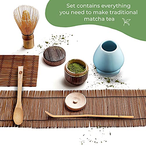 EURODO Japanisches Zubehör für die Matcha-Zeremonie, Matcha-Schneebesen (Chasen), traditionelle Schaufel (Chashaku), Schneebesenhalter - Keramikschale (Chawan) - das perfekte Set für die Zubereitung