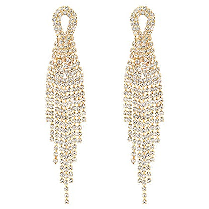 Sparkling Bridal Wedding Prom Rhinestone Tassel Long Dangle Drop Large Gold Color Statement Earrings