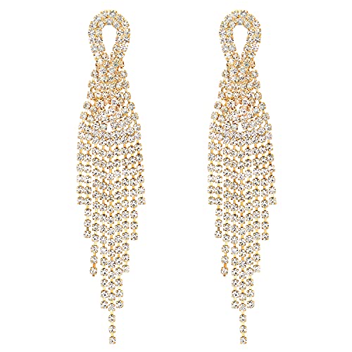 Sparkling Bridal Wedding Prom Rhinestone Tassel Long Dangle Drop Large Gold Color Statement Earrings