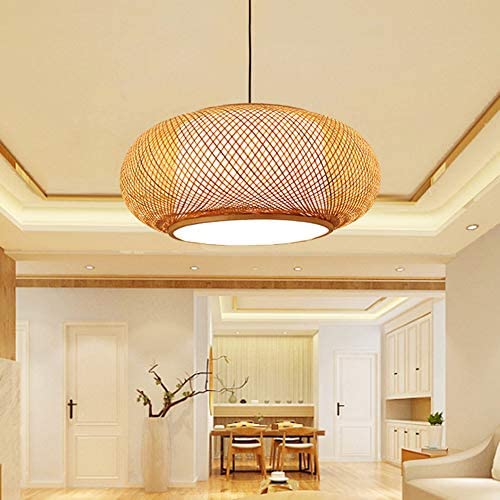 LITFAD Antique Lantern Pendant Lighting Rattan Single Light Weaving Natural Wooden Ceiling Hanging Light Beige Ceiling Fixture with Adjustable Cord for Dining Room Living Room Restaurant - 19.8"