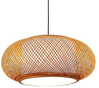 LITFAD Antique Lantern Pendant Lighting Rattan Single Light Weaving Natural Wooden Ceiling Hanging Light Beige Ceiling Fixture with Adjustable Cord for Dining Room Living Room Restaurant - 19.8"