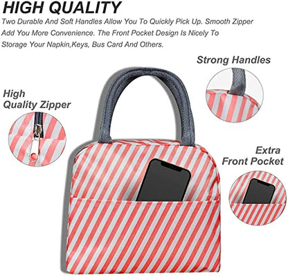 Xelvix Insulated Lunch Bags Small for Women Work,Student Kids to School,Thermal Cooler Tote Bag Picnic Organizer Storage Lunch Box Portable and Reusable (Pink Stripes) -123