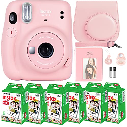 Fujifilm Instax Mini 11 Camera with Fujifilm Instant Mini Film (60 Sheets) Bundle with Deals Number One Accessories Including Carrying Case, Selfie Lens, Photo Album, Stickers (Blush Pink)