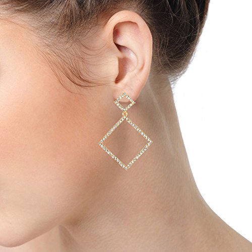 Dazzle Wedding Bridal Party Prom Gold Rhinestone Square Dangle Drop Statement Stud Earring