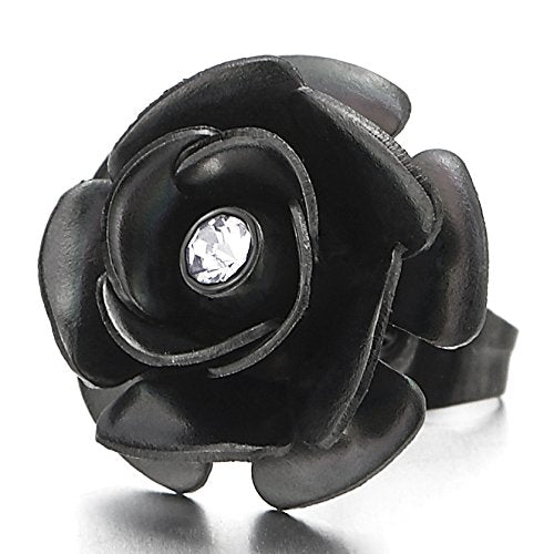 Pair Stainless Steel Black Rose Flower Stud Earrings with Cubic Zirconia for Women and