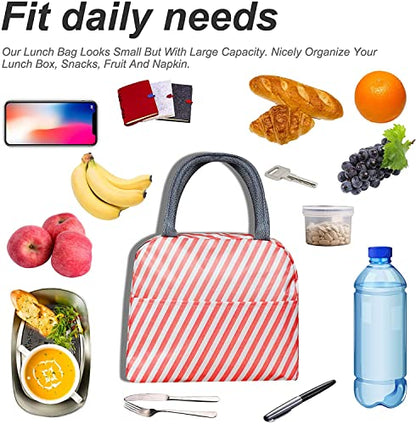 Xelvix Insulated Lunch Bags Small for Women Work,Student Kids to School,Thermal Cooler Tote Bag Picnic Organizer Storage Lunch Box Portable and Reusable (Pink Stripes) -123
