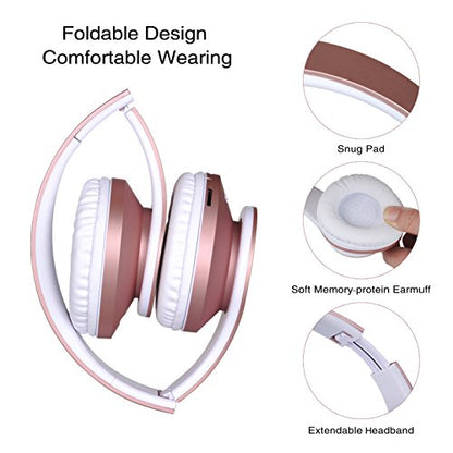 Wireless Bluetooth Headphones Over Ear, Rydohi Hi-Fi Stereo Headset with Deep Bass, Foldable and Lightweight, Wired and Wireless Modes Built in Mic for Cell Phones, TV, PC and Traveling (Rose Gold) -123