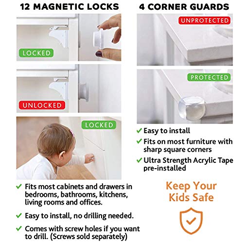 Magnetic Cabinet Locks Child Safety 41-Piece Kit with New Upgraded Adhesive [12 Magnet Locks 2 Keys 4 Corner Guards] Easy Installation No-Drill Baby Proofing Locks to Childproof Cabinets & Drawers