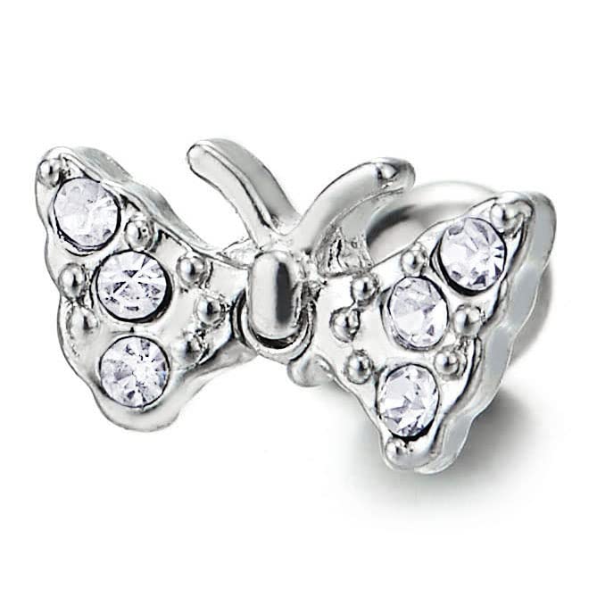 Pair Womens Stainless Steel Butterfly Stud Earrings with Cubic Zirconia, Screw Back