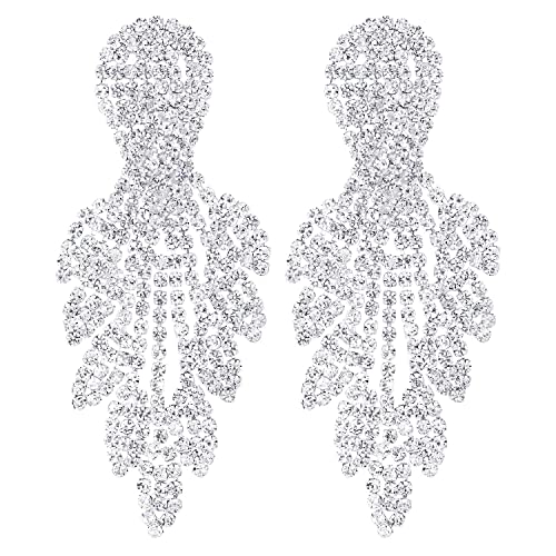 Wedding Bridal Dress Rhinestone Cluster Leaf Petal Chandelier Long Dangle Statement Earrings