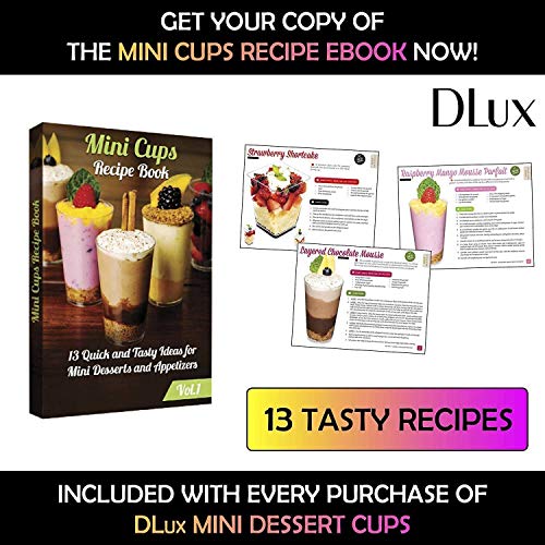 DLux 100 x 2oz Square Mini Dessert Cups with Spoons and Lids, Clear Plastic Parfait Appetizer Cup - Small Reusable Serving Bowl for Tasting Party Desserts Appetizers - With Recipe Ebook 6749761634393 bolt