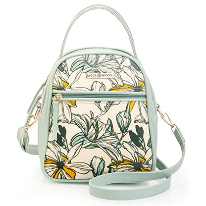 SACCI MUCCI Multipurpose Lunch Bag with Adjustable Strap a Perfect Office Bag for Women 100% Vegan Leather and Coated Duck Canvas Fabric, Lightweight and Durable (Mint Green -Magnolia) -123
