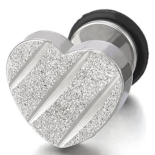 Pair Stainless Steel Satin Heart Stud Earrings with Grooved Stripes, Screw Back