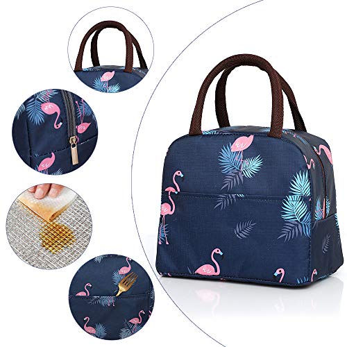 Xelvix Insulated Lunch Bags Small for Women Work,Student Kids to School,Thermal Cooler Tote Bag Picnic Organizer Storage Lunch Box Portable and Reusable (Blue Flamingo)