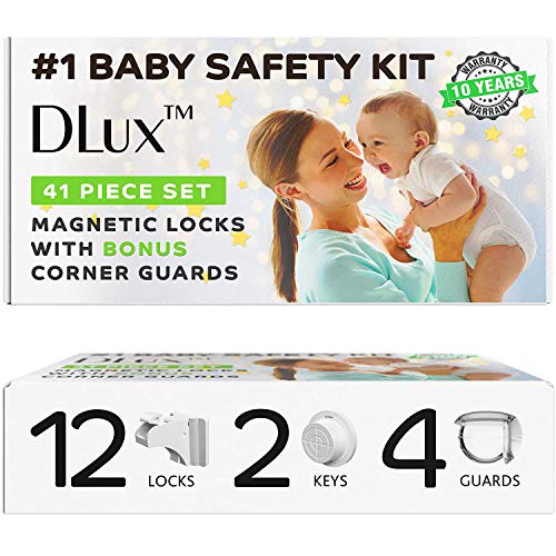 Magnetic Cabinet Locks Child Safety 41-Piece Kit with New Upgraded Adhesive [12 Magnet Locks 2 Keys 4 Corner Guards] Easy Installation No-Drill Baby Proofing Locks to Childproof Cabinets & Drawers